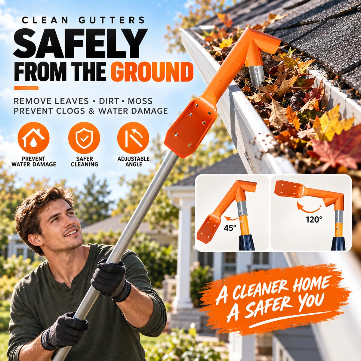 Clean gutters safely from the ground